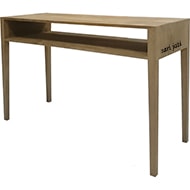 Harga meja konsol untuk ruang tamu atau ruang duduk keluarga, dari kayu jati perhutani I finishing acrylic water based wood stain natural, desain minimalis, bentuk empat persegi panjang, dengan tundan, tipe Comfy KT 1B1 murah