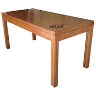 Meja makan untuk ruang makan dan dapur desain minimalis bentuk bujur sangkar, tanpa laci, tanpa tundan, kayu jati perhutani I tipe Infinity DT 1A1