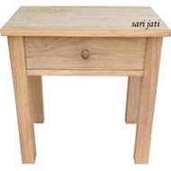 Meja sudut untuk ruang tamu dan ruang duduk keluarga, desain minimalis, dengan laci dibawah papan meja, kayu jati perhutani I tipe Llavi ST 1C1