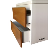 Harga meja washtafel untuk kamar mandi toilet, dari kayu jati perhutani I finishing kombinasi cat duco dan melamine wood stain warna terang, desain minimalis, memiliki 2 laci, tanpa tundan, tipe Infinity WHT 1C2 murah